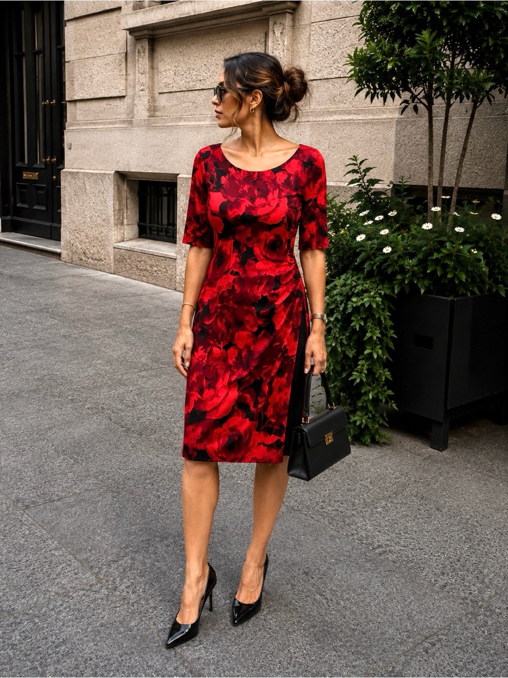 connected apparel Red Floral Midi Sheath Dress